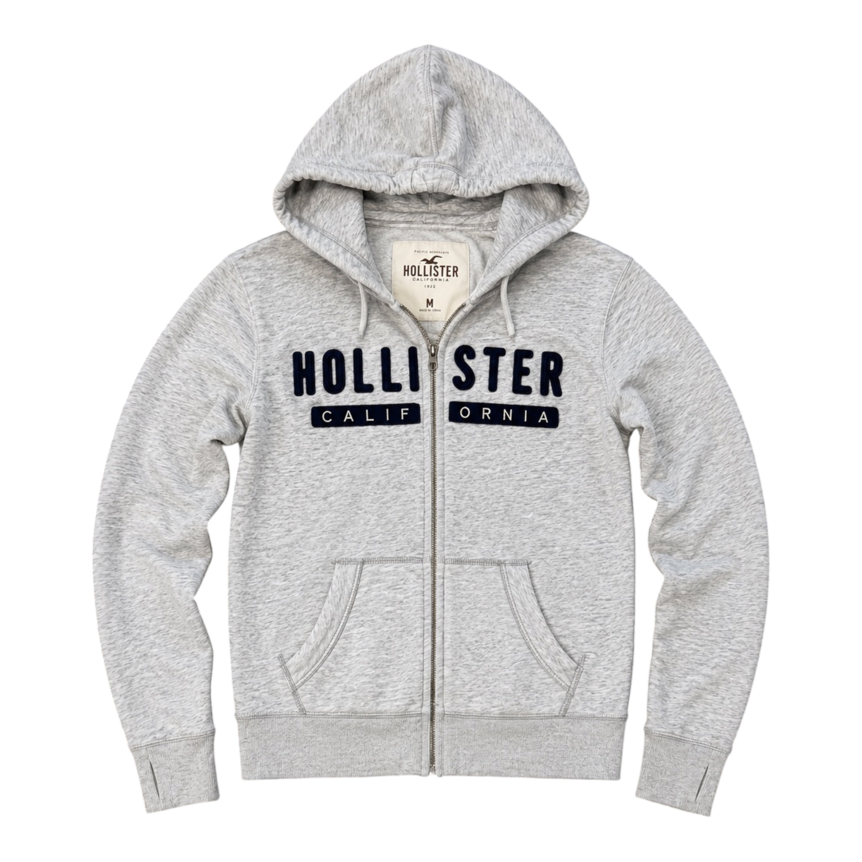 Hollister Grey Zip-Up Hoodie – Embroidered Logo