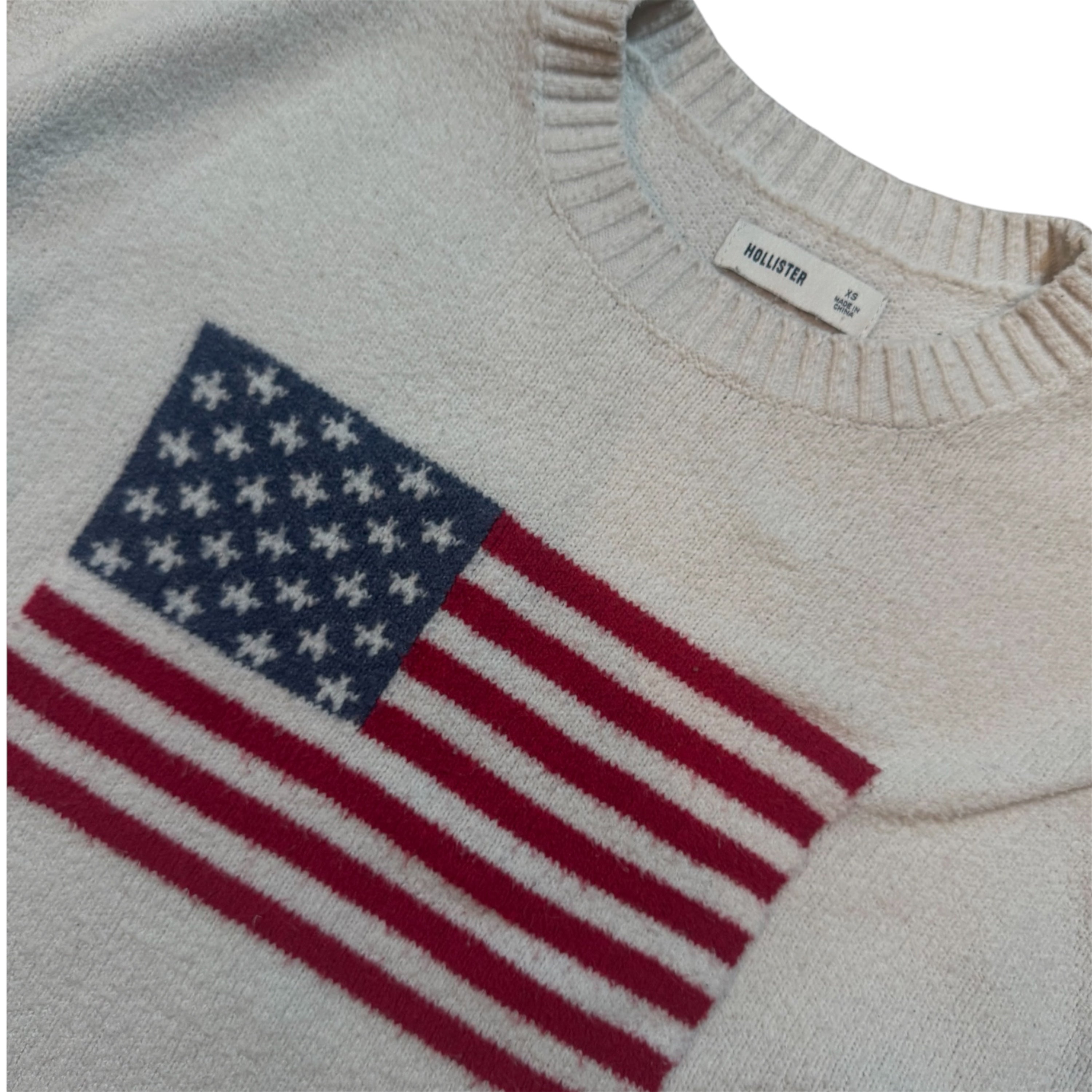 Hollister Cream American Flag Knit Sweater