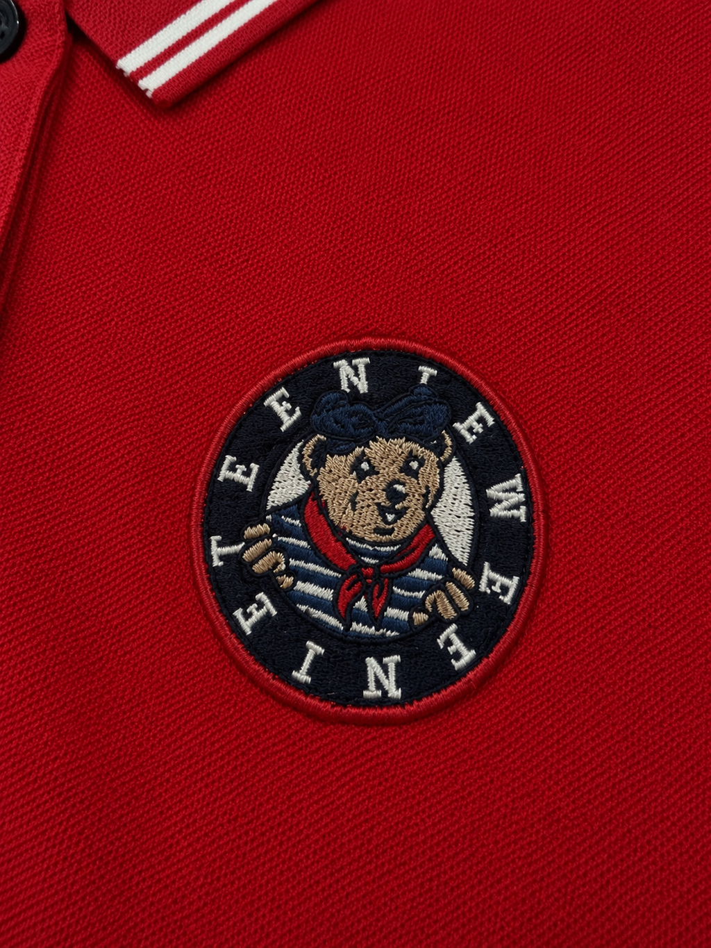 Red Polo Shirt with Embroidered Bear Patch