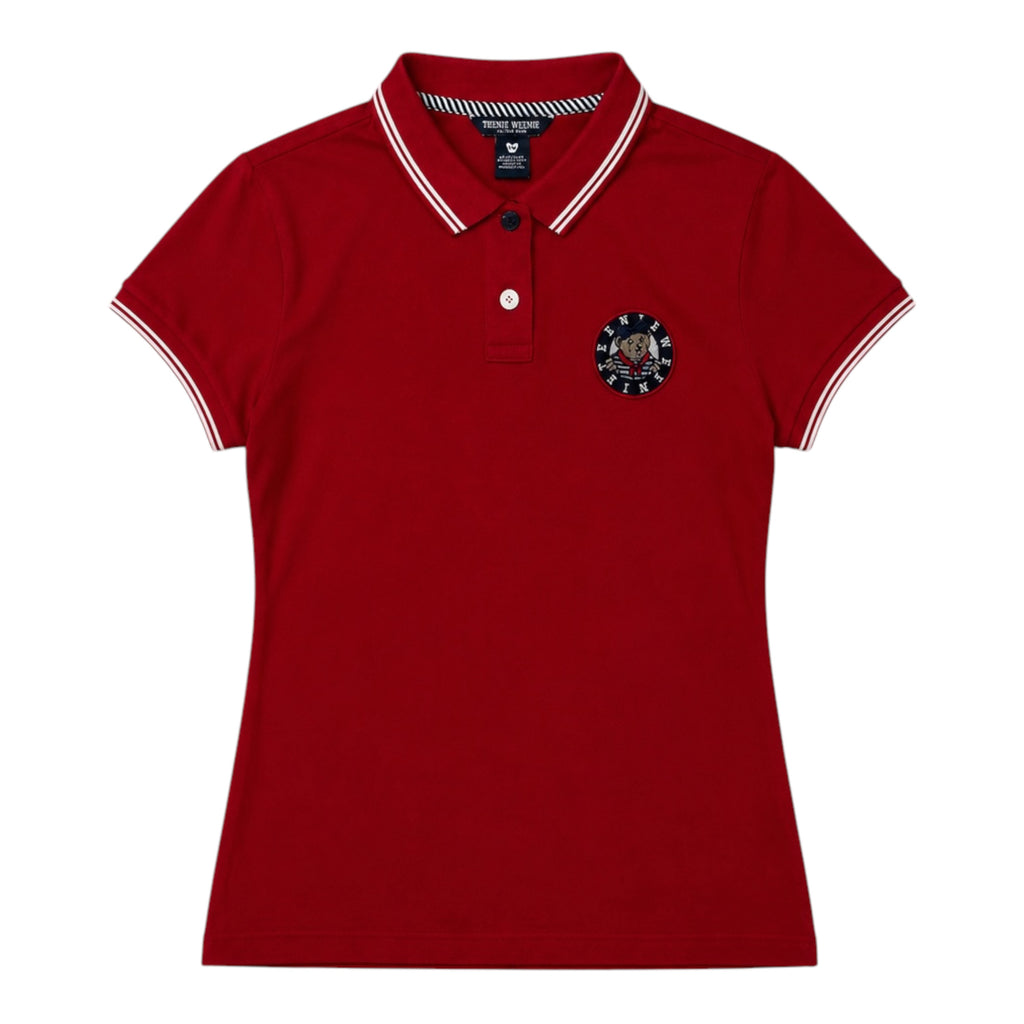 Red Polo Shirt with Embroidered Bear Patch