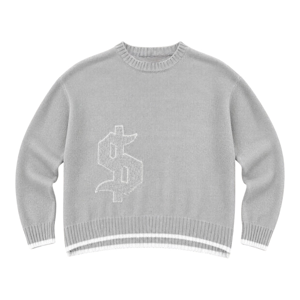 Grey Knit Sweater with Embroidered Graphic – Oversized Fit