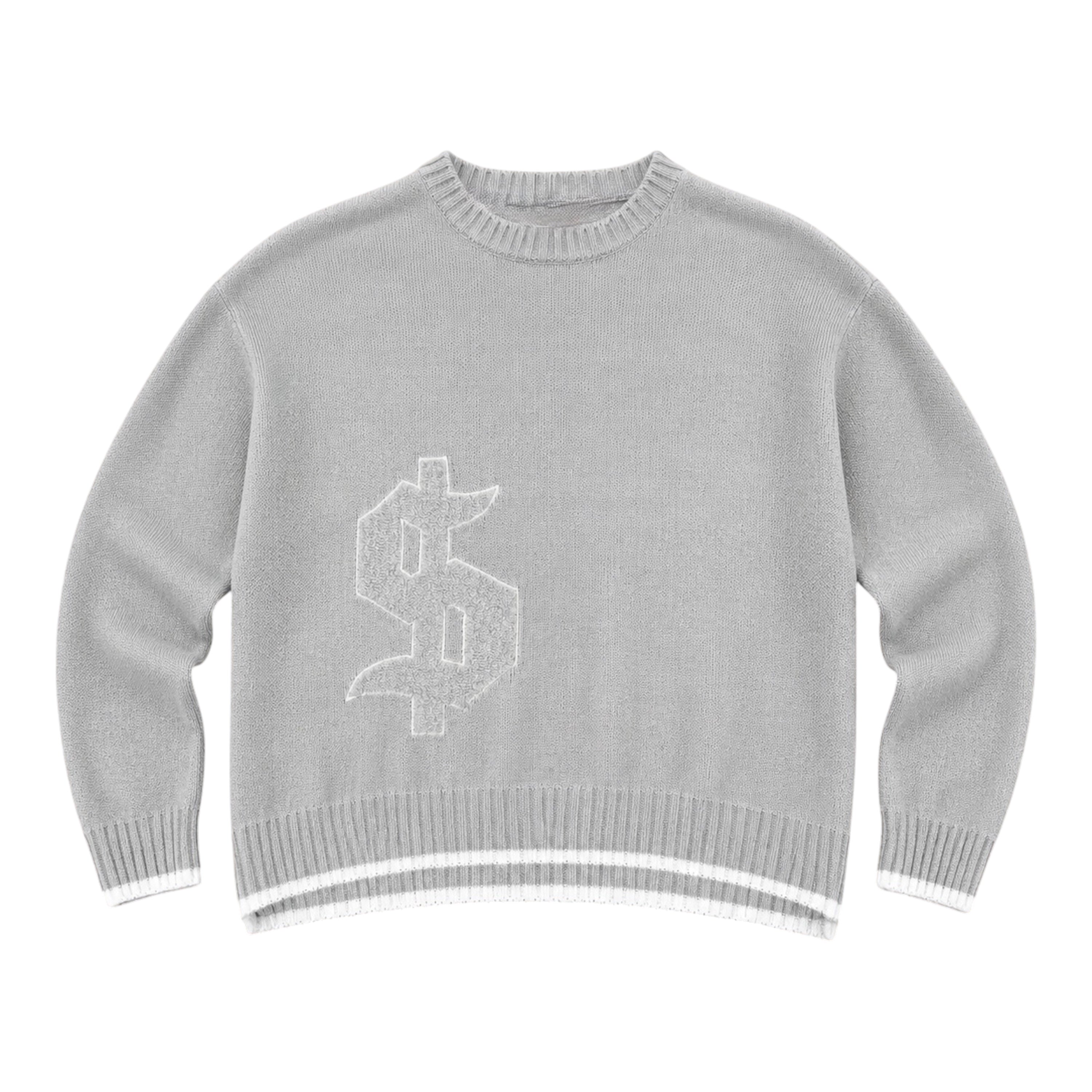 Grey Knit Sweater with Embroidered Graphic – Oversized Fit